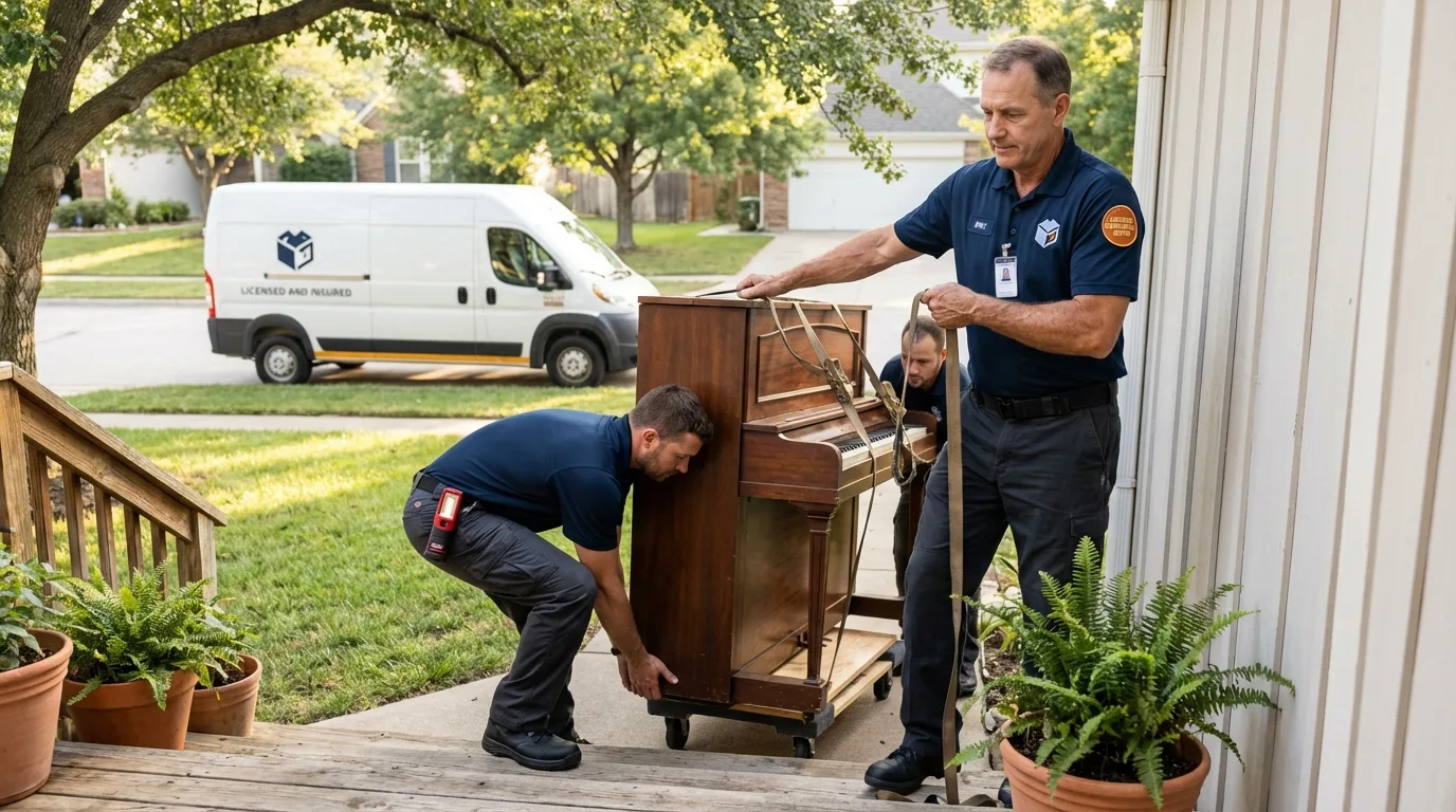 Licensed piano movers securing grand piano in Neoga, IL
