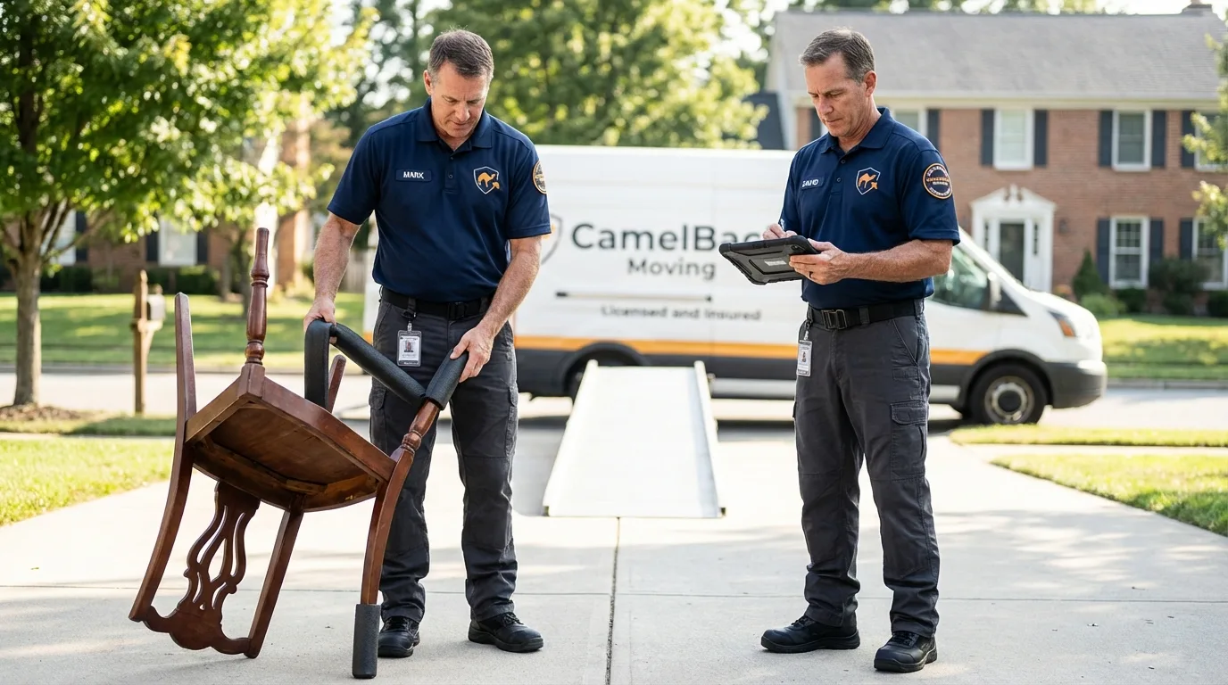 Movers inspecting furniture for damage prevention before loading in Neoga, IL
