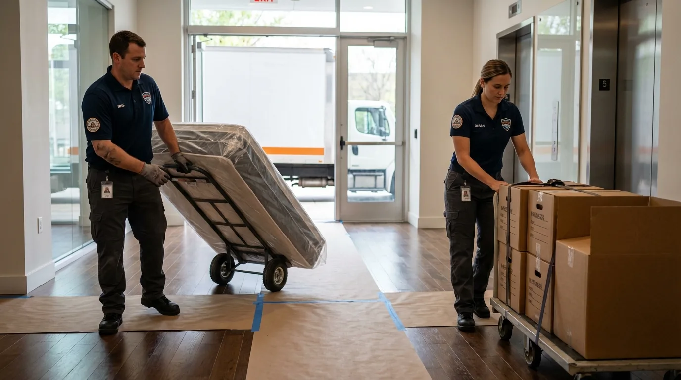 Professional apartment movers loading elevator in Neoga, IL